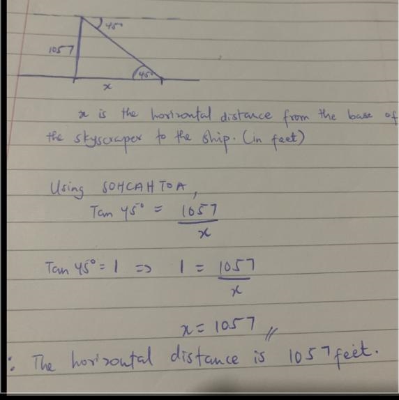 From the observation deck of a skyscraper, Bashir measures a 45^{\circ} the angle-example-1