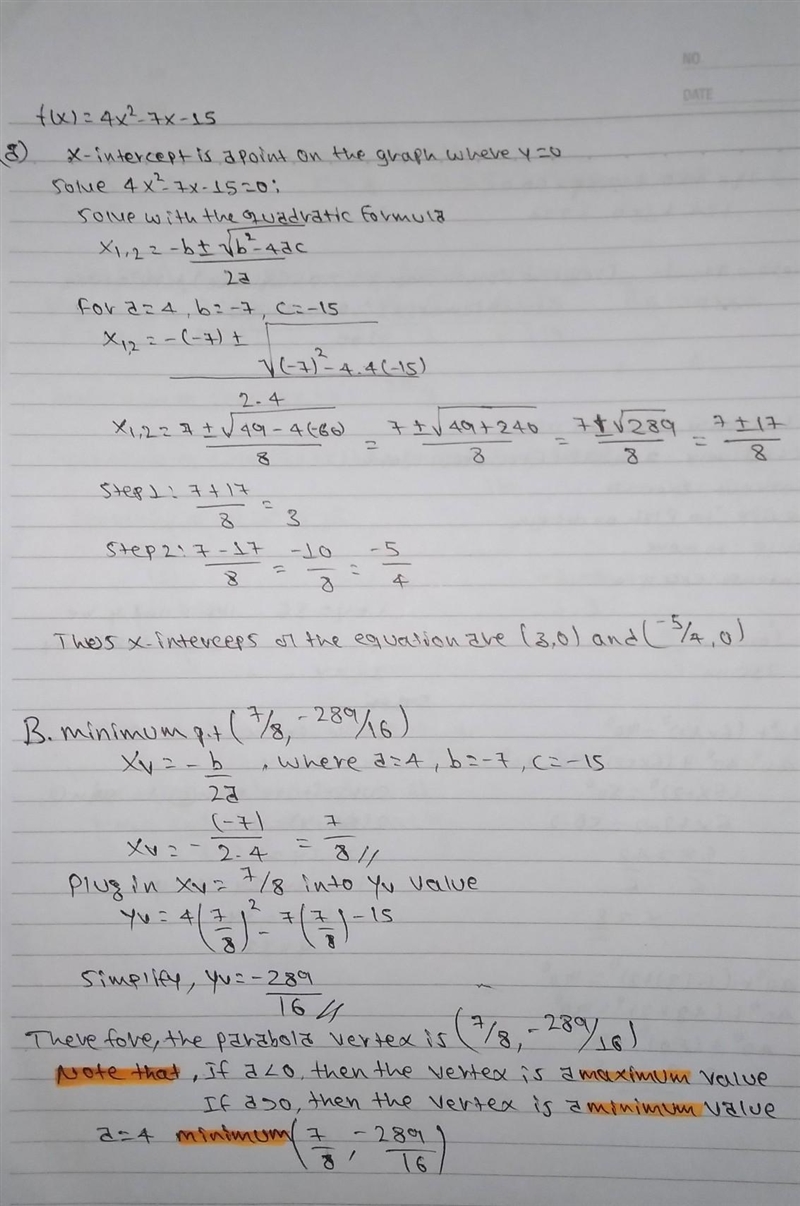 F(x) = 4x² - 7x - 15 Part A: What are the x-intercepts of the graph of f(x)? Show-example-1