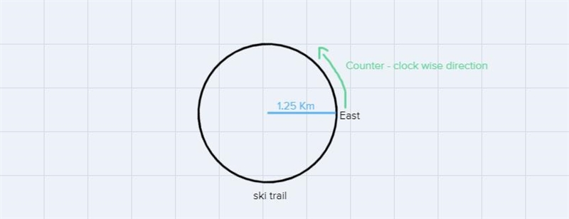 A skier skis along a circular ski trail that has a radius of 1.25 km. The skier starts-example-1