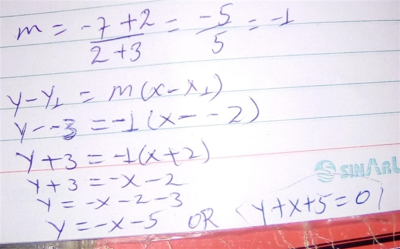 What is an equation of the line that passes through the points (-3, -2) and (2, -7)-example-1