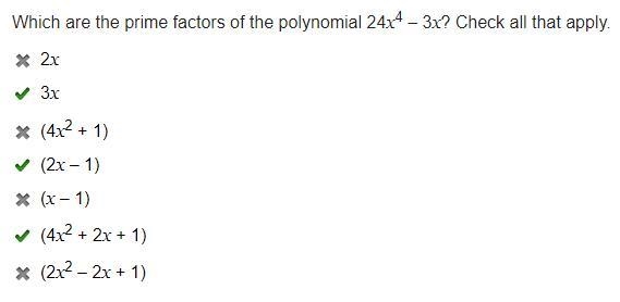 Which are the prime factors of the polynomial 24x4 – 3x? Check all that apply. 2x-example-1