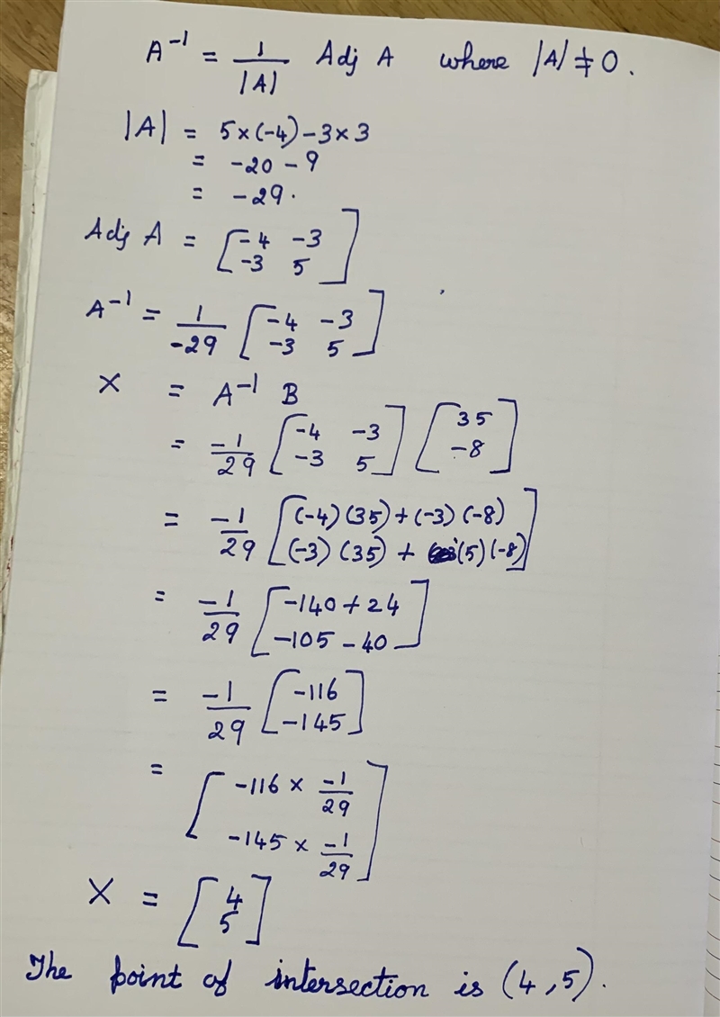 Use matrix method to find the point of intersection between the lines: 5x+3y-35=0 and-example-1