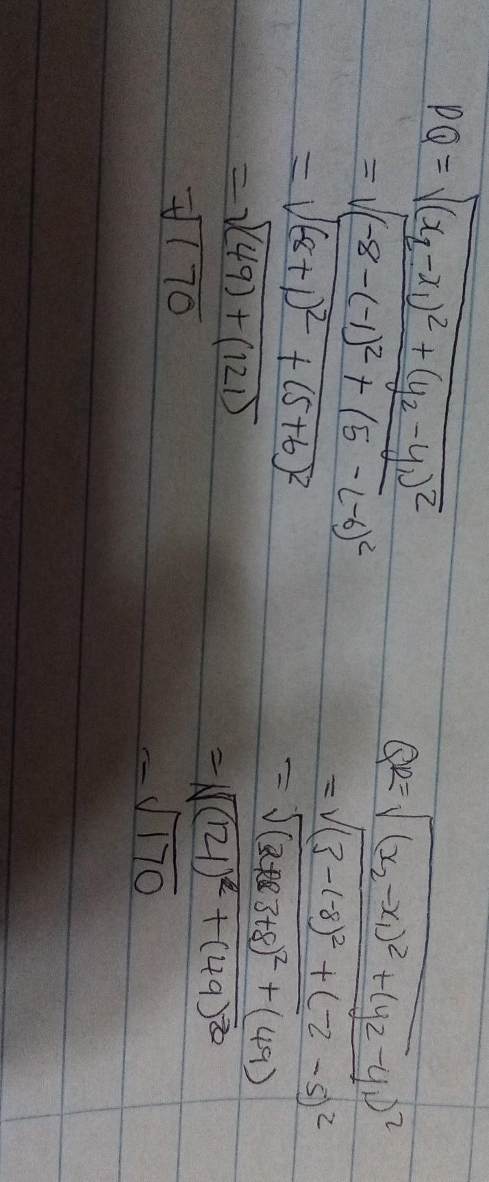 Use the distance formula to decide whether segment PQ is congruent to * segment QR-example-1