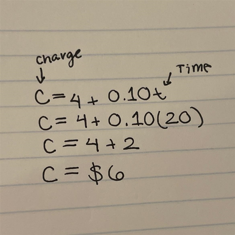 C = 4+0. 10t what is the charge to rent a paddle boat for 20 minutes?-example-1