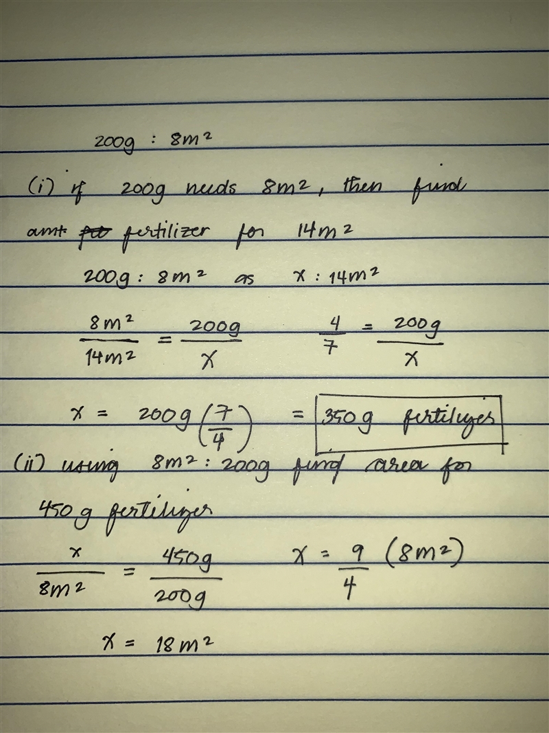 200 g of fertiliser is required for a plot of land that has an area of 8 m?. Find-example-1