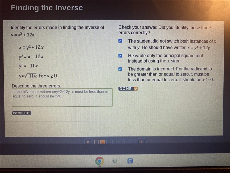 Identify the errors made in finding the inverse of y = x2 12x.-example-1