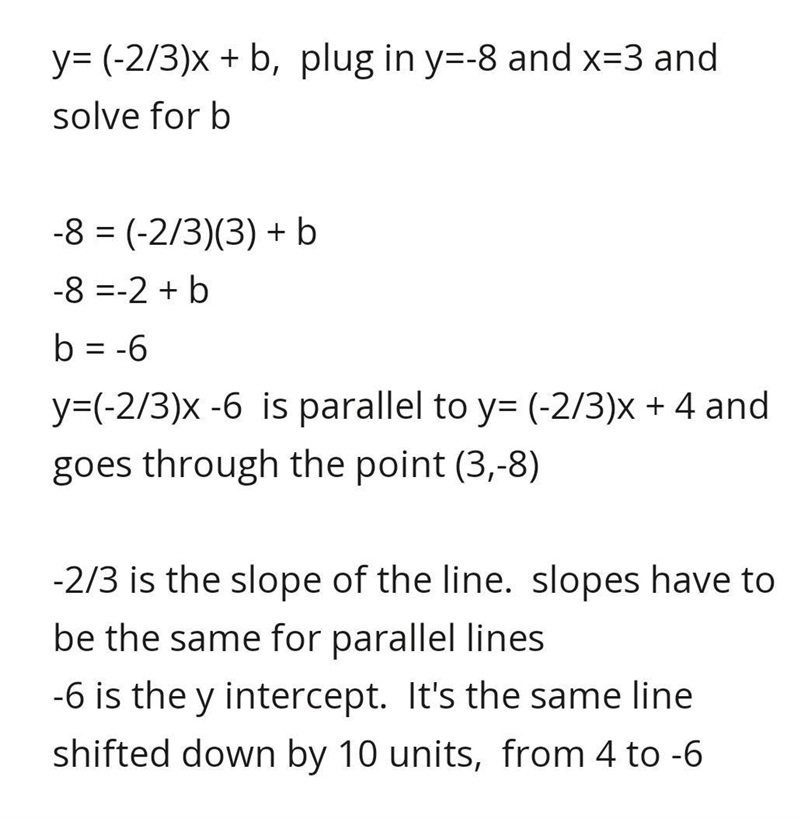 What is the equation of the line parallel to the line with equation y=2/3x +1 and-example-1