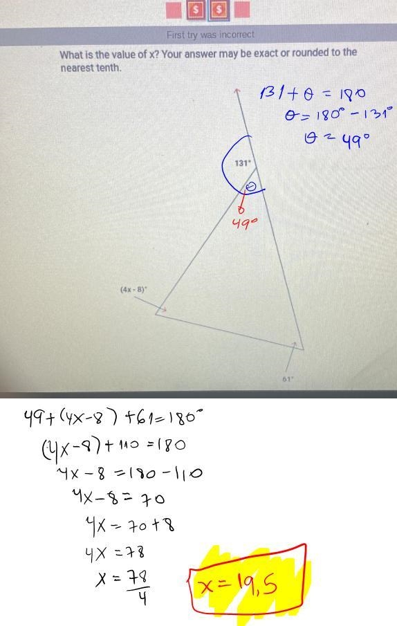 First try was incorrect What is the value of x? Your answer may be exact or rounded-example-1