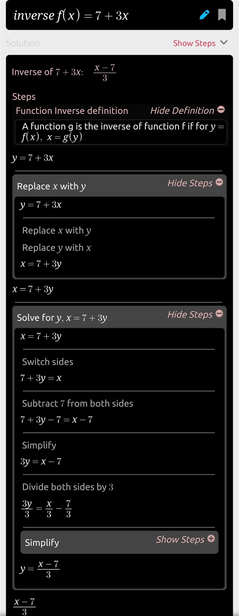 If f(x)=7+3x, find f^-1(x)-example-1