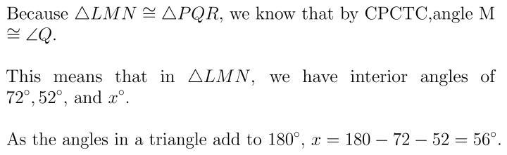 I LITTERALY BEG OF YOU TO HELP ME!! LMN≅PQR What is the value of x in degrees?-example-1