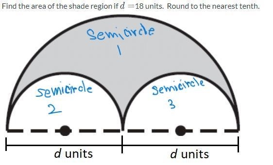 Find the area of the shade region if d=18 units. Round to the nearest tenth.-example-1