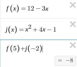 Find f(5)+j(-2) if f(x)=12-3x and j(x)=x² + 4x - 1.-example-1