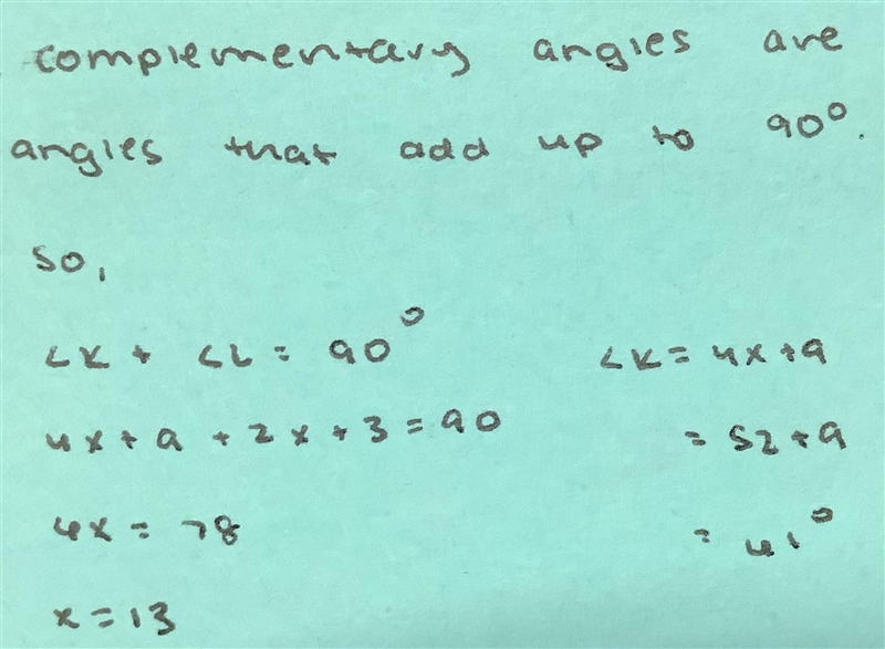 Angles K and L are complementary angles. The measure of angle K can be represented-example-1