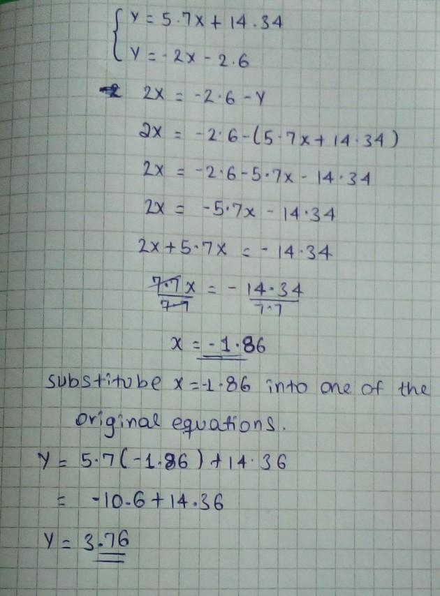 Solve the system by substitution. y = 5,7x + 14.34 y = - 2x - 2.6-example-1