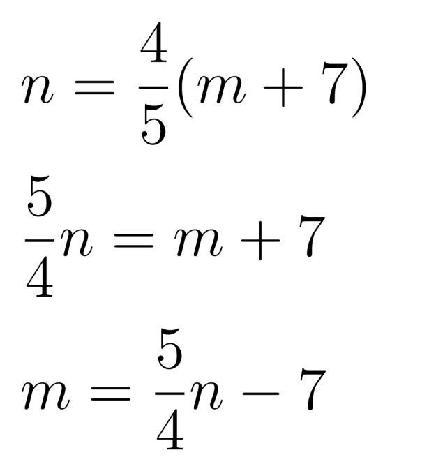 Solve for m n=(4)/(5) (m+7)-example-1