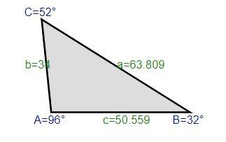 Consider a triangle ABC like the one below. Suppose that =A96°, =C52°, and =b34. (The-example-1