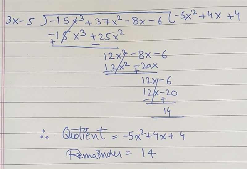 Divide using long division. -15x3 + 37x2 - 8x - 6/3x-5-example-1