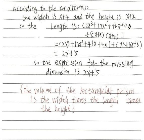 the formula for volume of this rectangular prism is V=2x³ + 17x² + 46x + 40, find-example-1