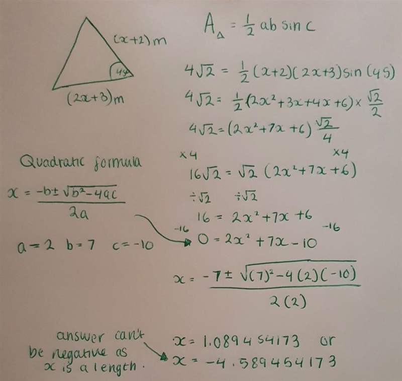 The area of triangle ABC is 4√2 m². Work out the value of x. Give your answer correct-example-1