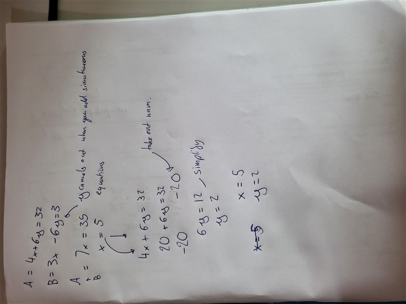 Solve the system of equations below: 4x + 6y = 32 3x - 6y = 3 Pls show work-example-1