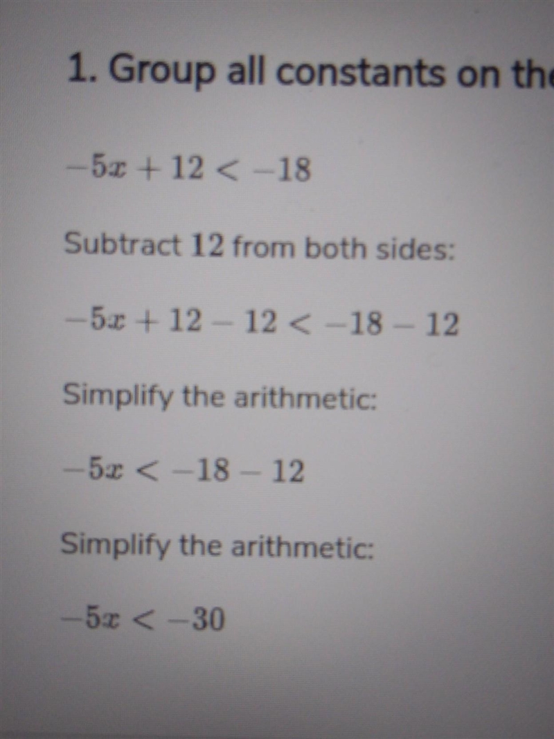 -5x+12<-18 solve each inequality.-example-1