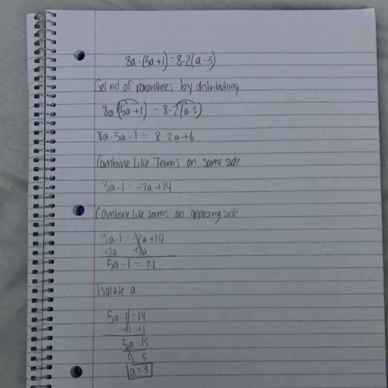 8a - (5a +1) = 8 - 2(a-3) I need a step-by step explanation please-example-1