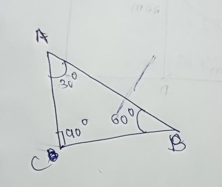 On a piece of paper, use a protractor to construct △ABC with m∠A=30° , m∠B=60° , and-example-1