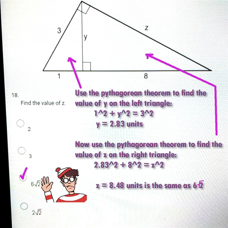 Find the value of z. 2 6√2 3 2√2-example-1