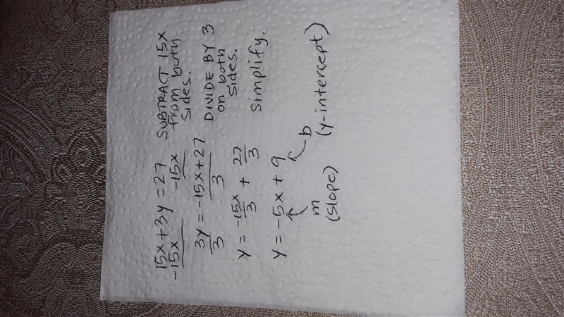 15x+3y=27 into slope-intercept form, simplifying all fractions.-example-1