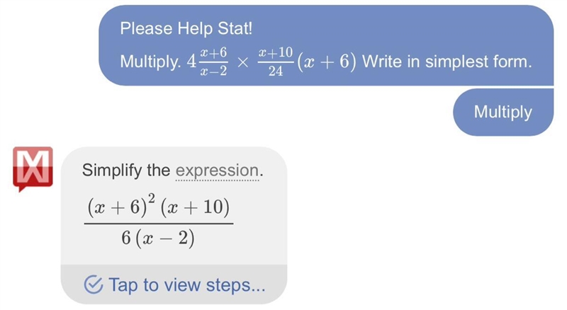 Please Help Stat! Multiply. 4(x+6)/(x−2) x (x+10)/24(x+6) Write in simplest form.-example-1