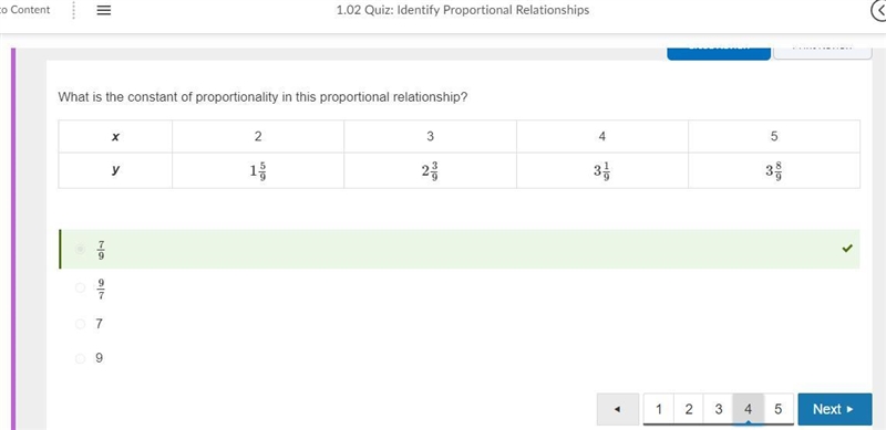 What is the constant of proportionality in this proportional relationship? x 2 3 4 5 y-example-1