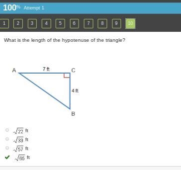 What is the length of the hypotenuse of the triangle? Triangle A B C. Side A C is-example-1