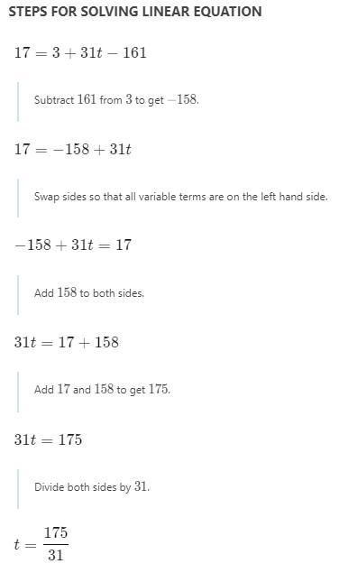 H = 3 + 31t - 161² Find all values of t for which the ball's height is 17 feet .​-example-1