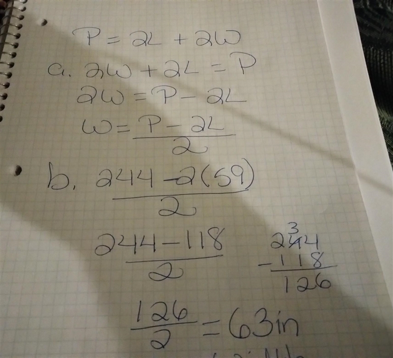 6. The formula for the perimeter of a rectangle is P = 2L + 2W. a. Solve the equation-example-1