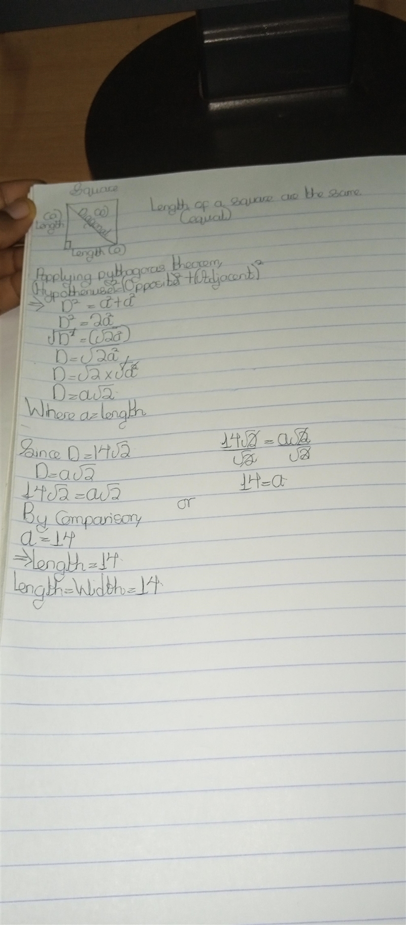 2. Find the length and width of a square whose diagonal is 14√2-example-1