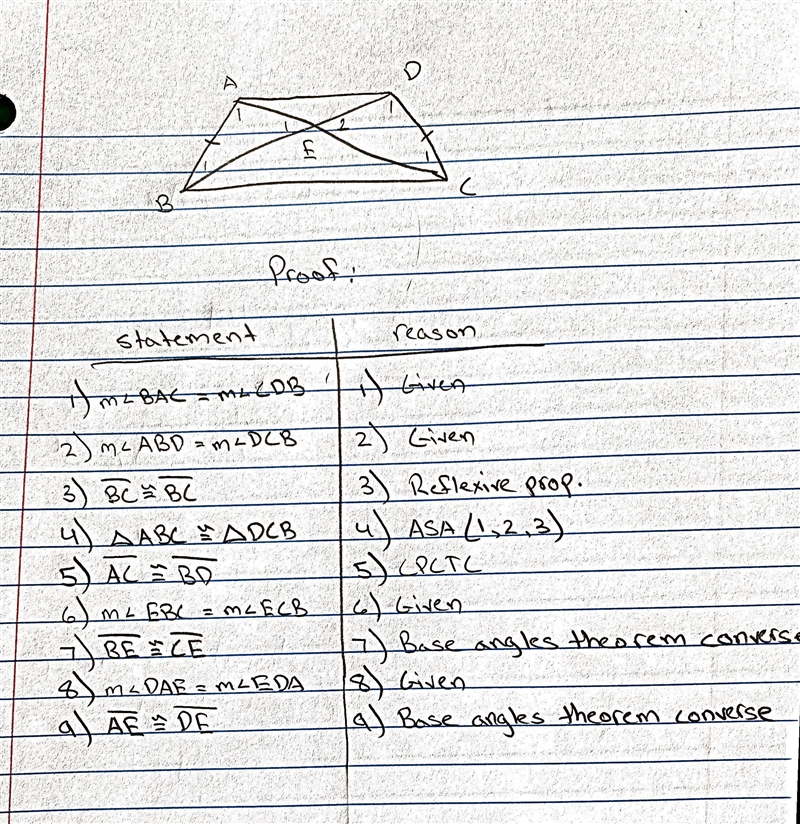 (e) ABCD is an isosceles trapezium. Prove that: (1) AC=BD (2) BE=CE (3) AE=DE​-example-1