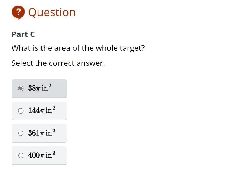 Part C What is the area of the whole target? Select the correct answer. A) 38 B) 144 C-example-1