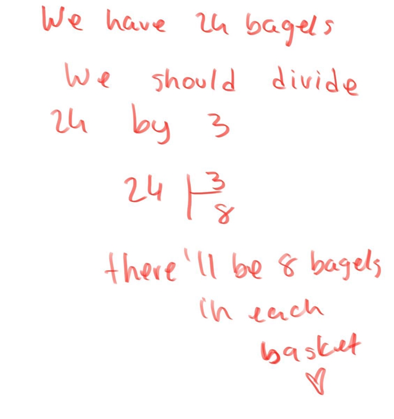 Help i need two people to answer Shawna splits 24 bagels among 3 baskets. She puts-example-1