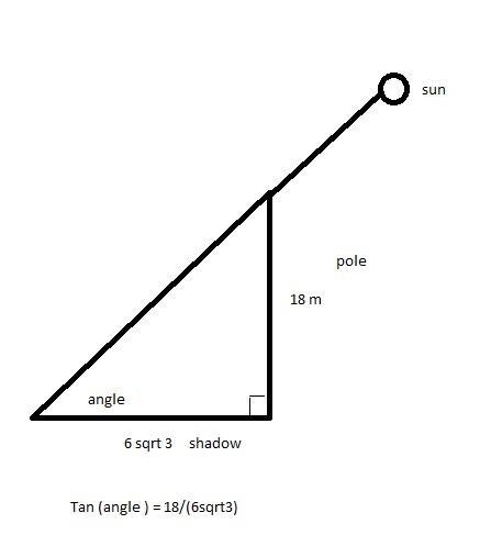 what is the angle of elevation of the sun when the shadow of a pole of 18m high is-example-1