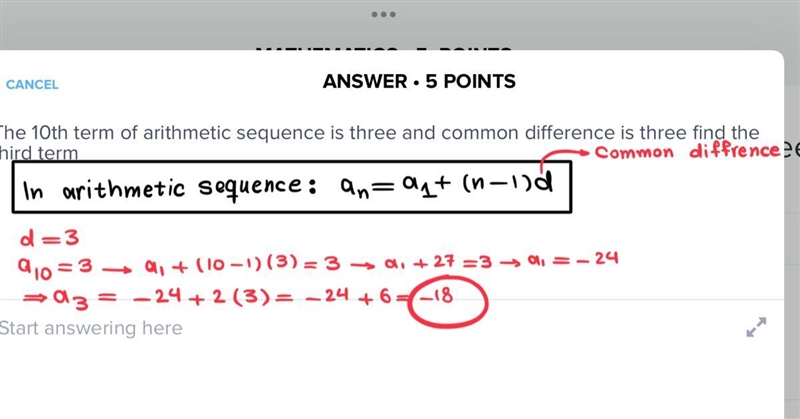 The 10th term of arithmetic sequence is three and common difference is three find-example-1