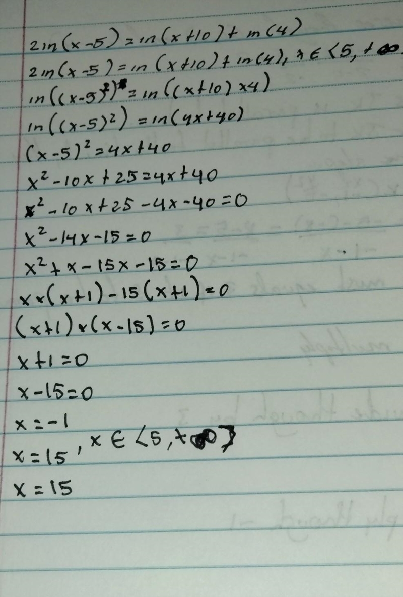 2 In (x - 5) = In (x + 10) + In 4-example-1