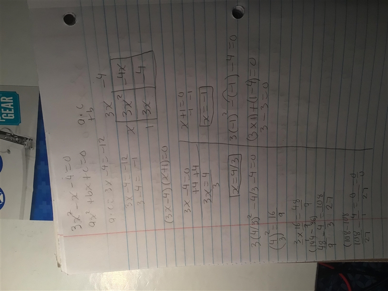 Determine the root of the equation by factoring 3x^2-x-4=0. I have both of the roots-example-1