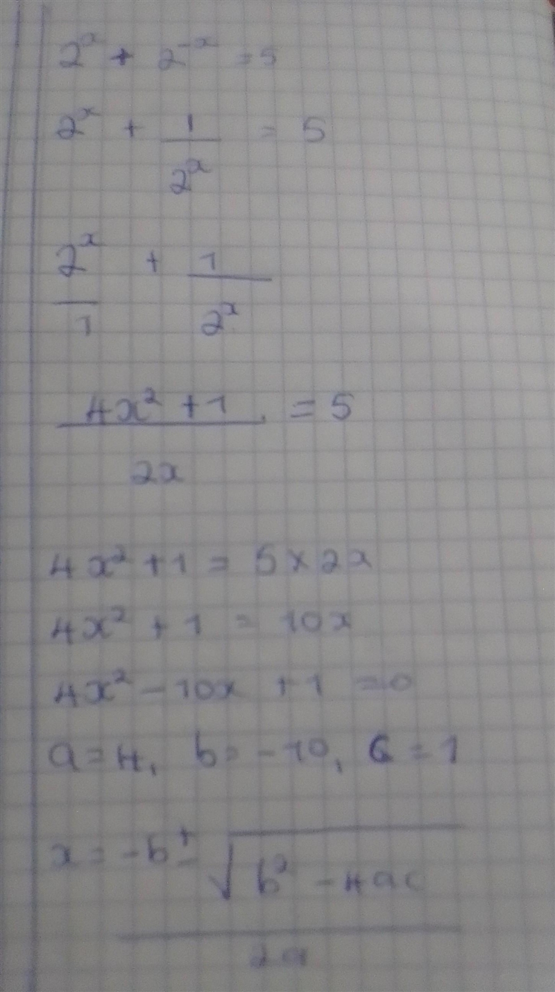 Solve: 2^x + 2^-x = 5. (In the example, the quadratic formula is used.)-example-1