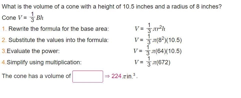 What is the volume of a cone with a height of 10.5 inches and a radius of 8 inches-example-1