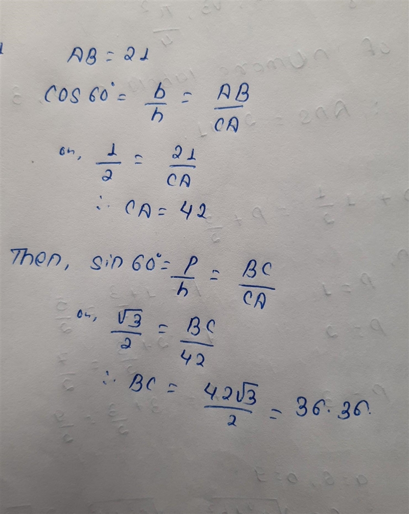 Identify the side lengths of the following triangle. A. 21, 21, 29.70 B. 21, 36.36, 42 c-example-1