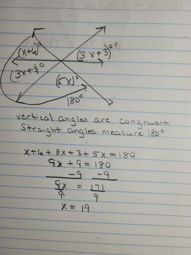 Lines m, n, and e intersect. solve for x-example-1