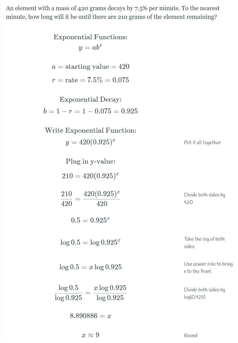 An element with a mass of 420 grams decays by 7.5% per minute. To the nearest minute-example-1