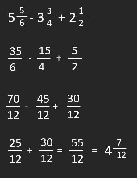 Five and five-sixths minus three and three-fourths plus two and one-half equals blank-example-1