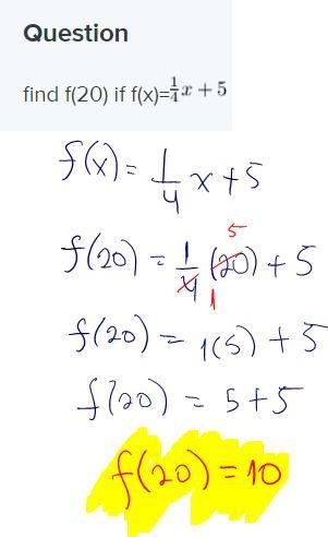 Find f(20) if f(x)=(1)/(4)x+5-example-1