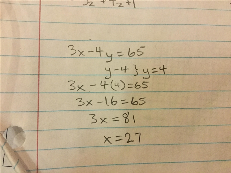 What is the value of x in the equation 3x - 4y = 65 when y-4? O x=13 1/4 O x=21 2/3 O-example-1